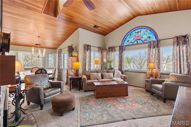 1009 Hemingway Ln Unit H, Weldon Spring, MO 63304 - carpeted living area featuring wood ceiling, healthy amount of natural light, a chandelier, high vaulted ceiling, and baseboards
