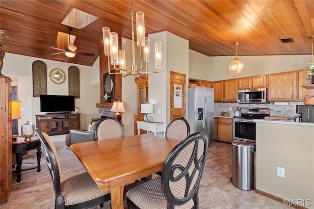 1009 Hemingway Ln Unit H, Weldon Spring, MO 63304 - dining room featuring vaulted ceiling, wooden ceiling, and a ceiling fan