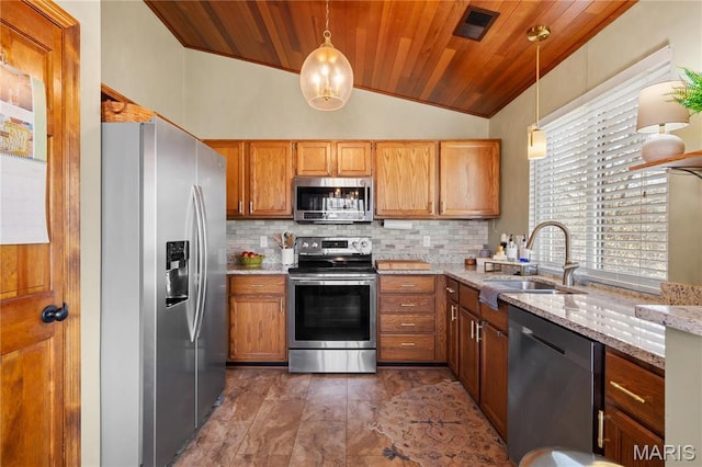 1009 Hemingway Ln Unit H, Weldon Spring, MO 63304 - kitchen with appliances with stainless steel finishes, a sink, wooden ceiling, backsplash, and light stone countertops