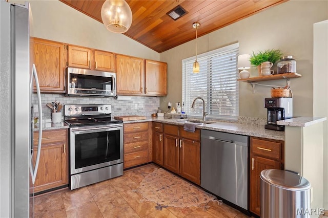 1009 Hemingway Ln Unit H, Weldon Spring, MO 63304 - kitchen featuring appliances with stainless steel finishes, a sink, wood ceiling, lofted ceiling, and backsplash