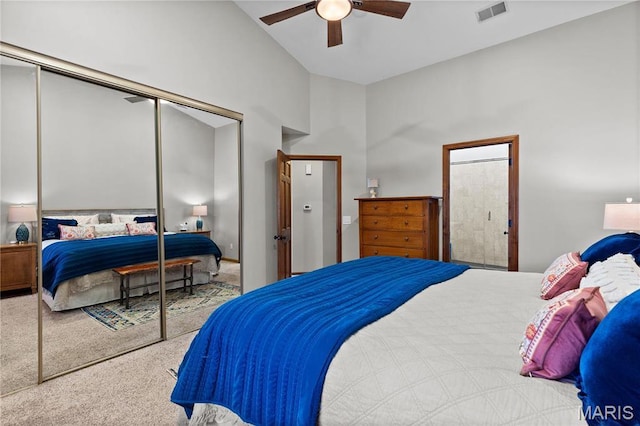 1009 Hemingway Ln Unit H, Weldon Spring, MO 63304 - bedroom with carpet floors, a closet, high vaulted ceiling, and ceiling fan