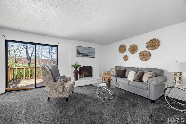 1747 Russet Valley Dr, Saint Louis, MO 63146 - carpeted living area with a textured ceiling and a brick fireplace