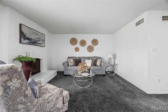1747 Russet Valley Dr, Saint Louis, MO 63146 - carpeted living area with a textured ceiling, a brick fireplace, and baseboards