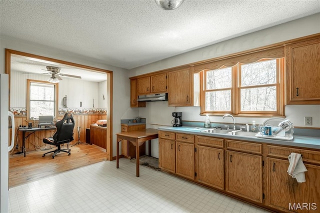 124 Wayne 527, Greenville, MO 63944 - kitchen with under cabinet range hood, a sink, brown cabinets, light countertops, and a desk