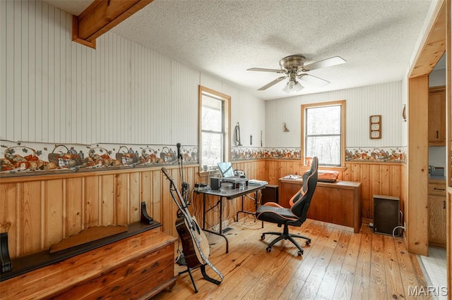 124 Wayne 527, Greenville, MO 63944 - home office featuring healthy amount of natural light, a ceiling fan, a textured ceiling, light wood finished floors, and a wainscoted wall