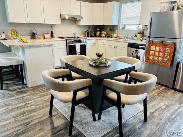 9 Mcleod St Unit A, Cuba, MO 65453 - kitchen with appliances with stainless steel finishes, under cabinet range hood, a sink, and light wood finished floors