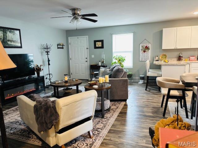 9 Mcleod St Unit A, Cuba, MO 65453 - living room featuring ceiling fan, wood finished floors, and a glass covered fireplace