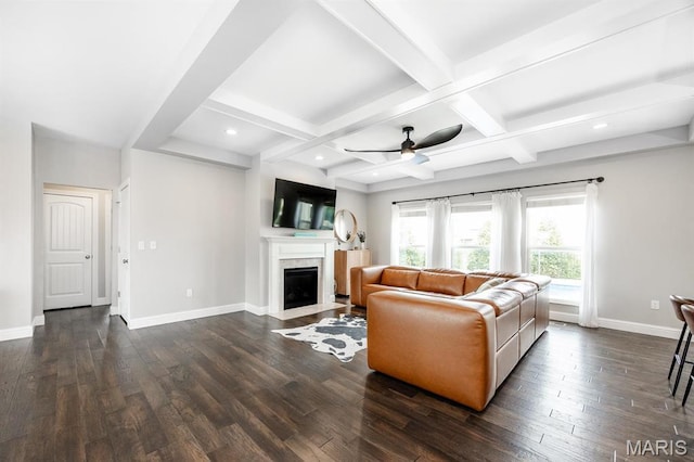 living area featuring ceiling fan, baseboards, coffered ceiling, dark wood-style floors, and a fireplace with flush hearth