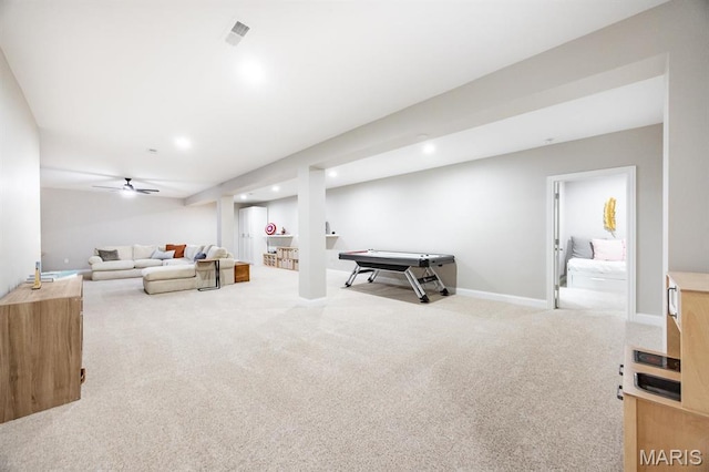 playroom with carpet floors, recessed lighting, and baseboards