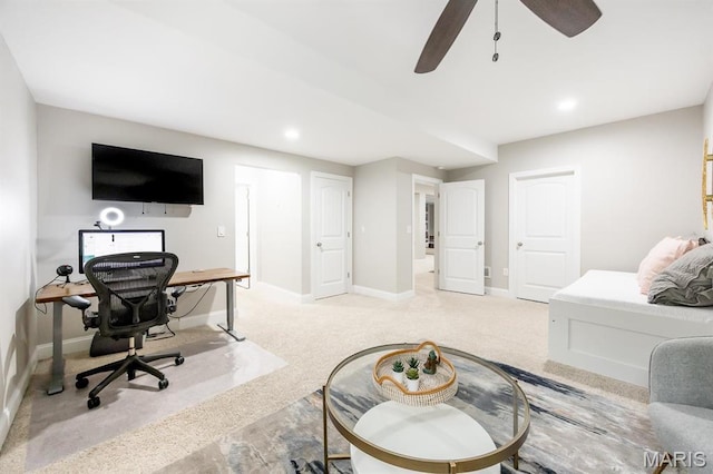 office with light carpet, baseboards, recessed lighting, and ceiling fan