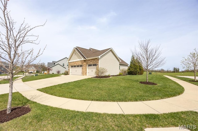 view of home's exterior featuring concrete driveway, a yard, brick siding, and a garage