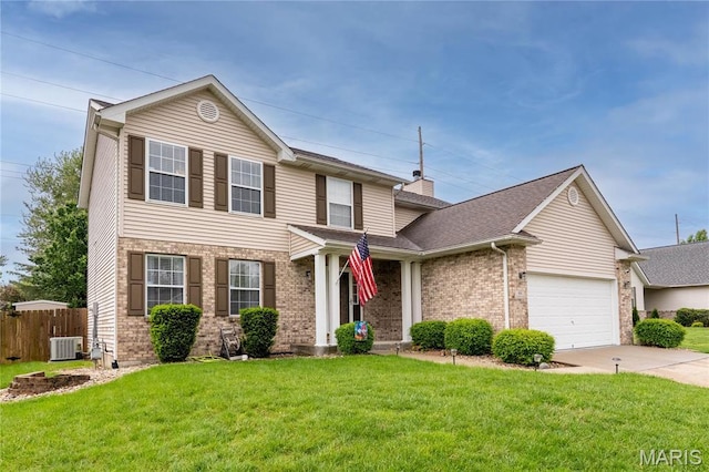 traditional-style home featuring brick siding, concrete driveway, a garage, central AC unit, and roof with shingles