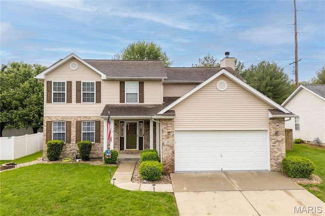 traditional home with concrete driveway, brick siding, a chimney, an attached garage, and roof with shingles