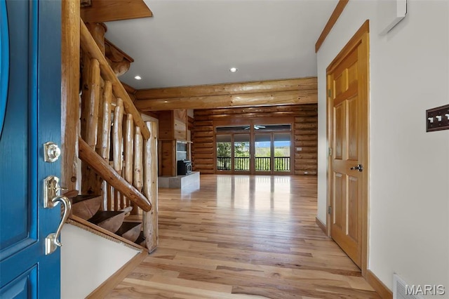 3333 State Highway 177, Cape Girardeau, MO 63701 - foyer entrance featuring log walls, recessed lighting, stairs, light wood-style floors, and baseboards