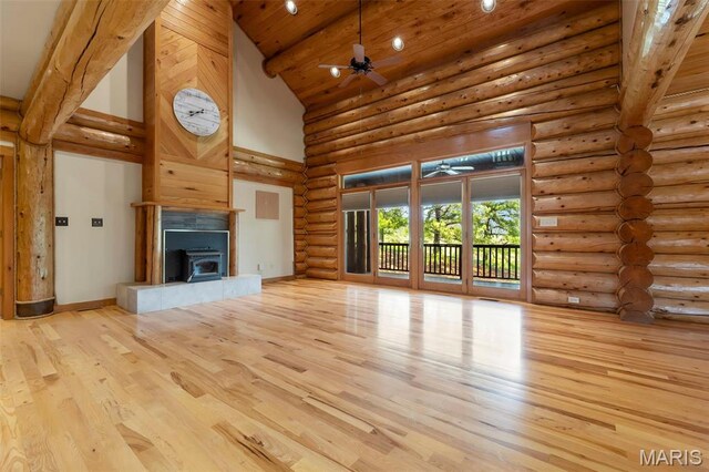 3333 State Highway 177, Cape Girardeau, MO 63701 - unfurnished living room featuring high vaulted ceiling, rustic walls, ceiling fan, wood finished floors, and wooden ceiling