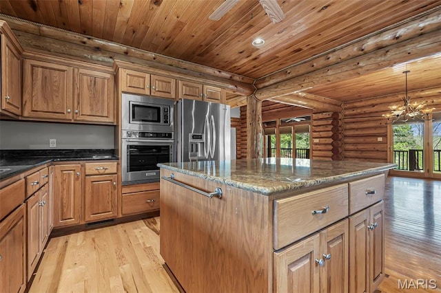 3333 State Highway 177, Cape Girardeau, MO 63701 - kitchen with appliances with stainless steel finishes, log walls, light wood finished floors, a kitchen island, and wood ceiling