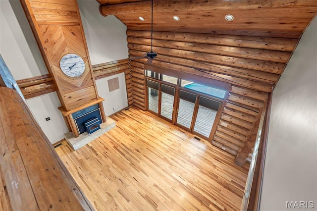 3333 State Highway 177, Cape Girardeau, MO 63701 - unfurnished living room featuring rustic walls, light wood-style flooring, ceiling fan, wood ceiling, and recessed lighting