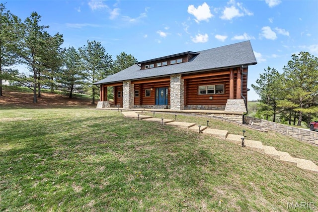 3333 State Highway 177, Cape Girardeau, MO 63701 - log-style house featuring a front yard, stone siding, covered porch, roof with shingles, and log siding