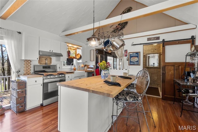 kitchen with stainless steel gas stove, under cabinet range hood, a barn door, and wood finished floors