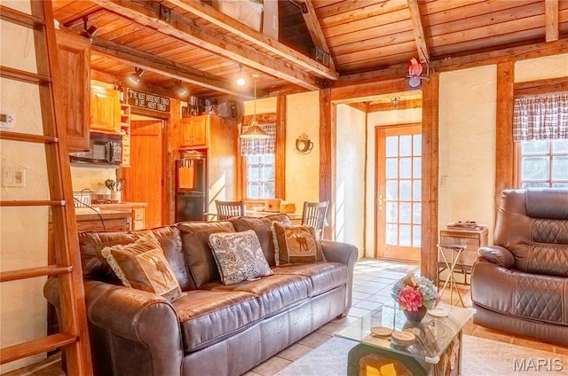 living room with wood ceiling and light tile patterned floors