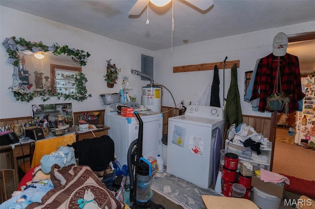 washroom with gas water heater, a ceiling fan, and carpet