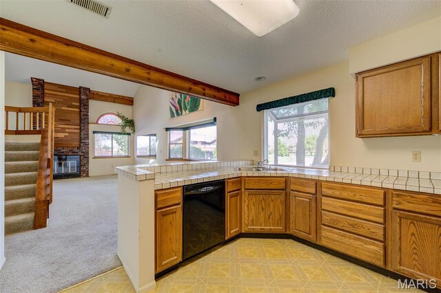 228 Hemingway Ln Unit F, Weldon Spring, MO 63304 - kitchen featuring black dishwasher, open floor plan, a sink, brown cabinetry, and a textured ceiling