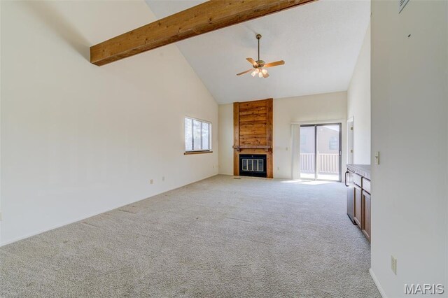 228 Hemingway Ln Unit F, Weldon Spring, MO 63304 - unfurnished living room with high vaulted ceiling, ceiling fan, beamed ceiling, light carpet, and a fireplace with flush hearth