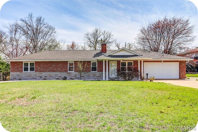 single story home featuring a garage, driveway, a chimney, and a front yard