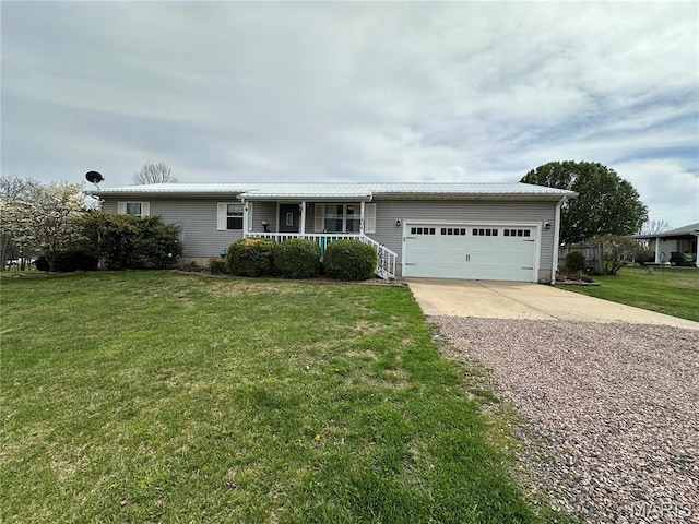 404 Crystal Ln, Rosebud, MO 63091 - single story home featuring concrete driveway, covered porch, a garage, a front yard, and metal roof