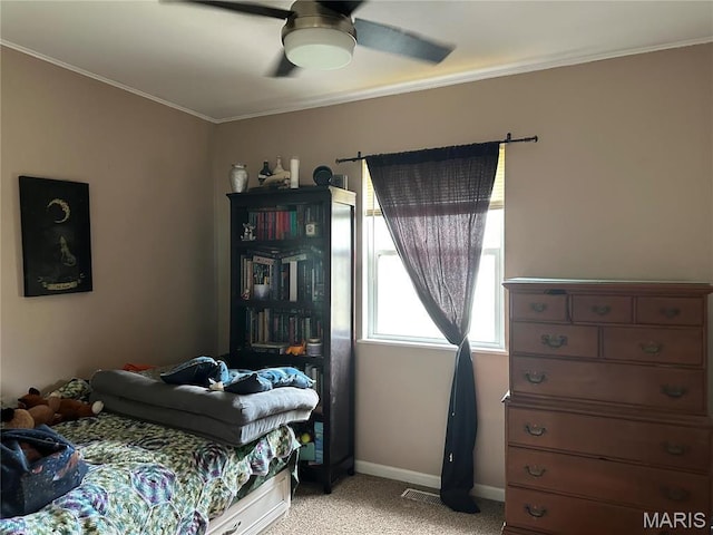 404 Crystal Ln, Rosebud, MO 63091 - bedroom with light colored carpet, ornamental molding, baseboards, and ceiling fan