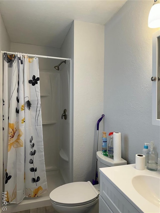 404 Crystal Ln, Rosebud, MO 63091 - full bath featuring toilet, a stall shower, vanity, and a textured wall