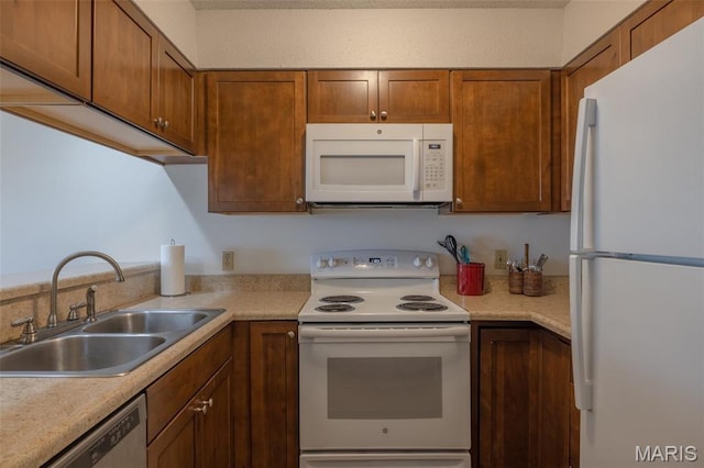 31 N Lionshead Dr, Innsbrook, MO 63390 - kitchen with white appliances, a sink, light countertops, and brown cabinetry