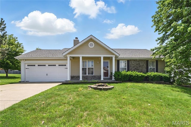 235 Briar Valley Ct S, Saint Charles, MO 63304 - single story home with an attached garage, concrete driveway, a front yard, a chimney, and roof with shingles