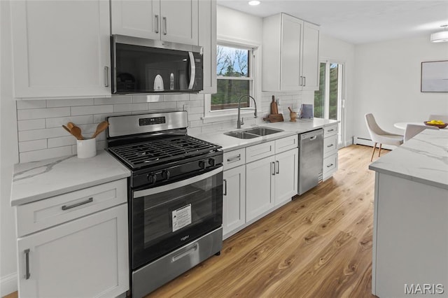 kitchen with appliances with stainless steel finishes, a sink, light wood-type flooring, white cabinetry, and tasteful backsplash