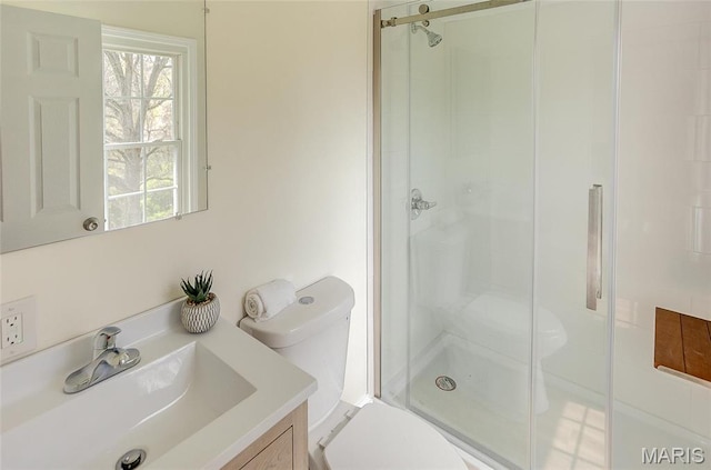 full bath with toilet, a shower stall, and vanity