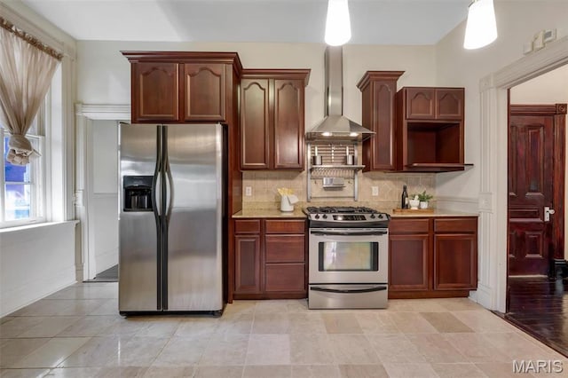 2811 Pennsylvania Ave, Saint Louis, MO 63118 - kitchen with stainless steel appliances, wall chimney range hood, tasteful backsplash, and light stone counters