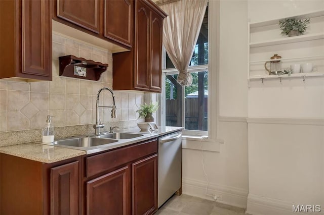 2811 Pennsylvania Ave, Saint Louis, MO 63118 - kitchen with a sink, dishwasher, backsplash, baseboards, and light stone counters