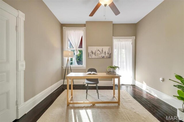 2811 Pennsylvania Ave, Saint Louis, MO 63118 - home office featuring ceiling fan, baseboards, and dark wood-style floors