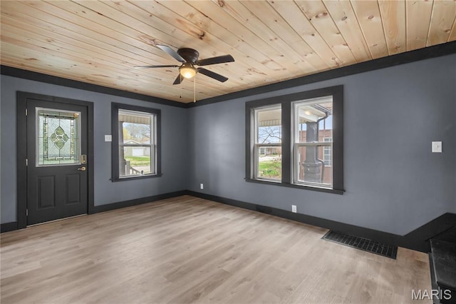 entrance foyer featuring wood ceiling, healthy amount of natural light, wood finished floors, ceiling fan, and baseboards