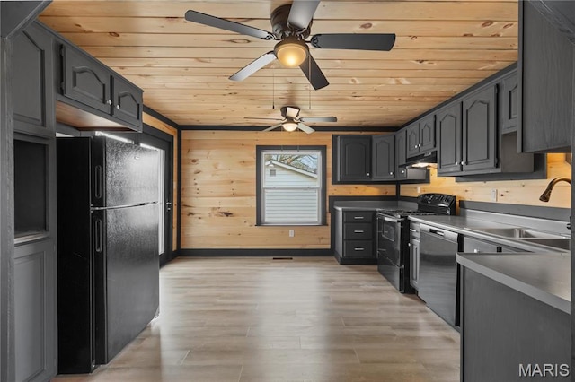 kitchen with black appliances, wooden ceiling, ceiling fan, a sink, and light wood-type flooring