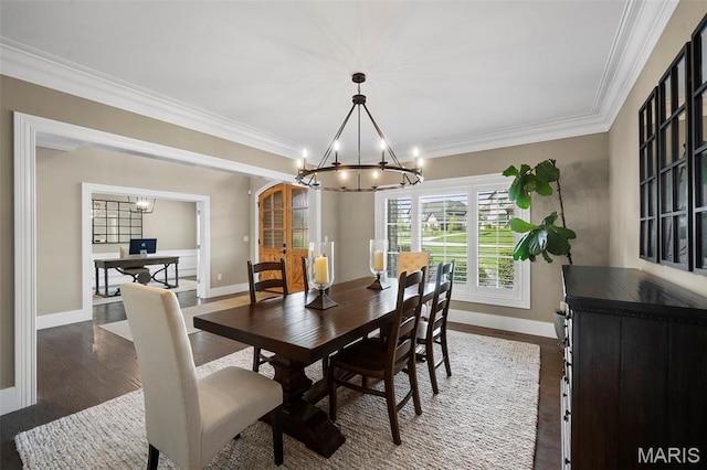 13750 Stonemont Ct, Town And Country, MO 63131 - dining space featuring a chandelier, wood finished floors, crown molding, and baseboards