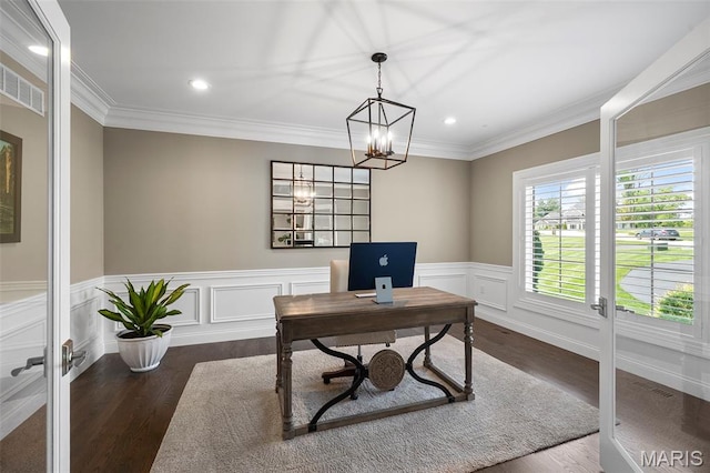 13750 Stonemont Ct, Town And Country, MO 63131 - home office with french doors, dark wood-style floors, recessed lighting, a chandelier, and ornamental molding