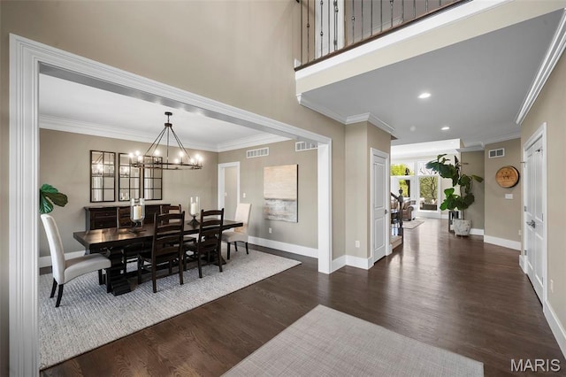 13750 Stonemont Ct, Town And Country, MO 63131 - dining space featuring a chandelier, baseboards, dark wood-style flooring, ornamental molding, and recessed lighting