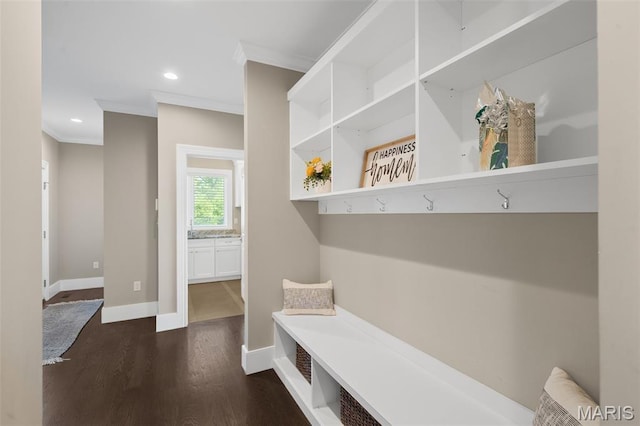 13750 Stonemont Ct, Town And Country, MO 63131 - mudroom featuring ornamental molding, dark wood-style floors, baseboards, and recessed lighting