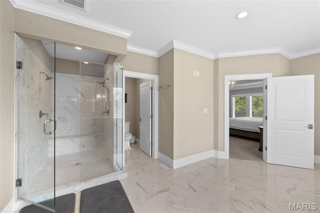 13750 Stonemont Ct, Town And Country, MO 63131 - ensuite bathroom featuring baseboards, a marble finish shower, ornamental molding, toilet, and recessed lighting