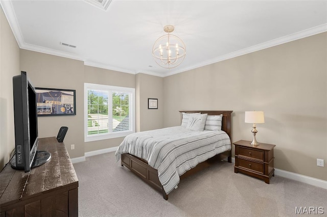 13750 Stonemont Ct, Town And Country, MO 63131 - bedroom featuring baseboards, light carpet, ornamental molding, and a chandelier