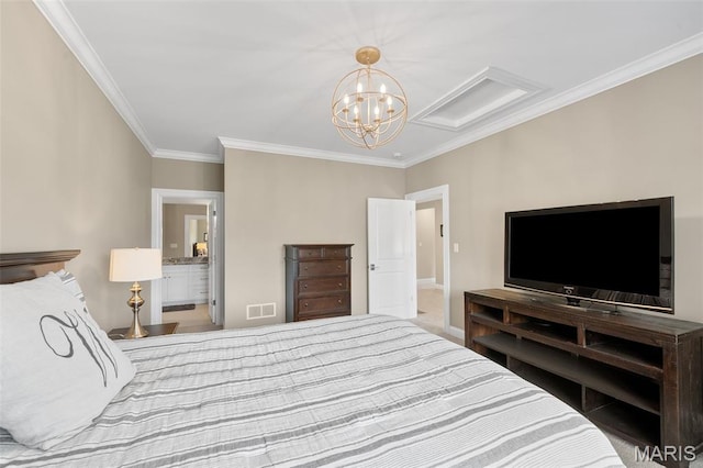 13750 Stonemont Ct, Town And Country, MO 63131 - bedroom with ornamental molding, a chandelier, and baseboards