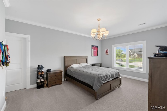 13750 Stonemont Ct, Town And Country, MO 63131 - carpeted bedroom featuring baseboards, ornamental molding, and a chandelier