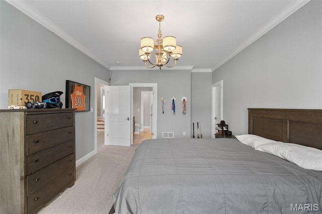 13750 Stonemont Ct, Town And Country, MO 63131 - bedroom featuring ornamental molding, light carpet, a chandelier, and baseboards