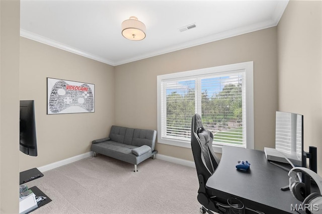 13750 Stonemont Ct, Town And Country, MO 63131 - home office featuring ornamental molding, light colored carpet, and baseboards